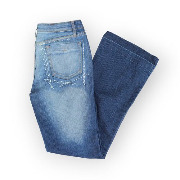 7/8 GazozJeans Bootcut Stretch Embroider Sashiko Trouser Fade Distress - Picture 1 of 6